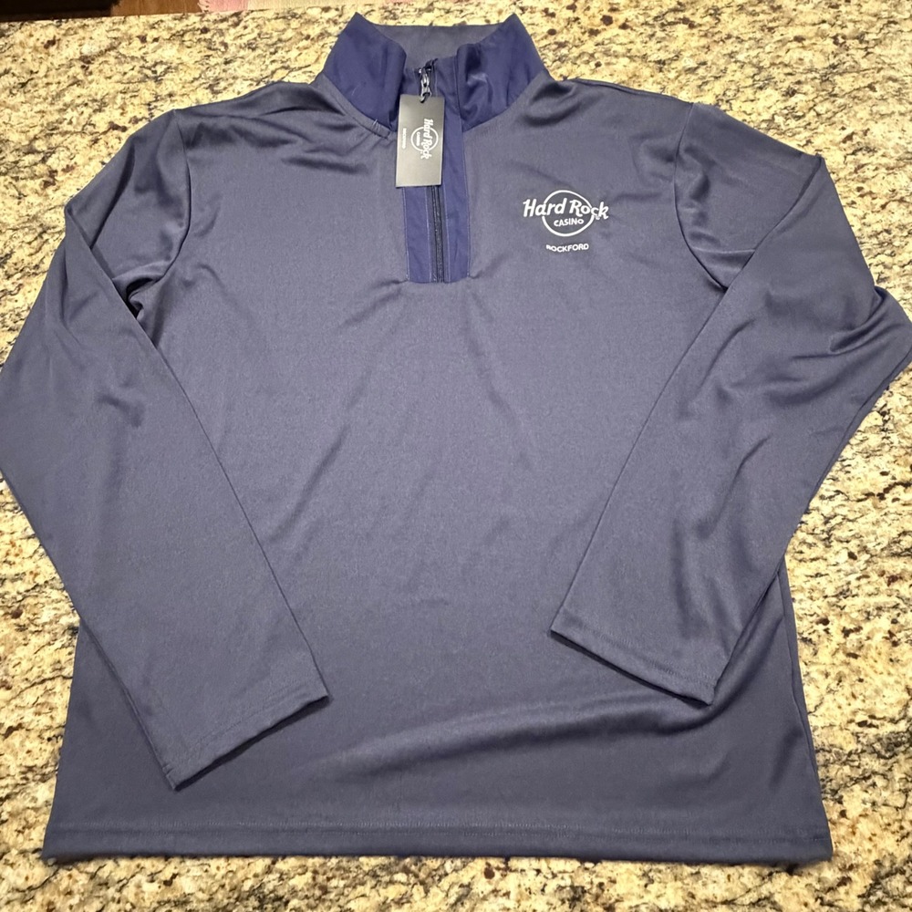 NEW Hard Rock Casino Rockford Mens XL Quarter Zip Pullover Navy Blue Performance
